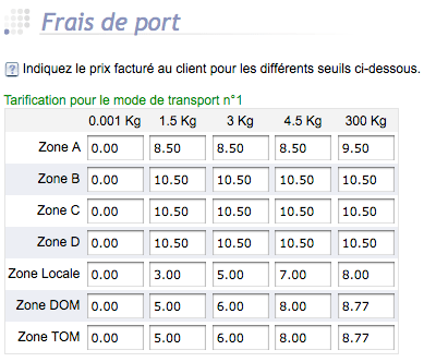 exemple de grille de tarifs d'expedition au poids