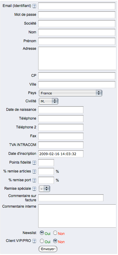 Le fichier client du logiciel ecommerce Rentashop