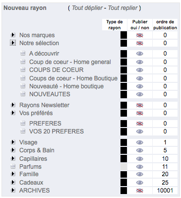 Syst&egrave;me de gestion des cat&eacute;gories et des rayons du logiciel ecommerce