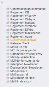 liste des mails automatiques du logiciel ecommerce Rentashop