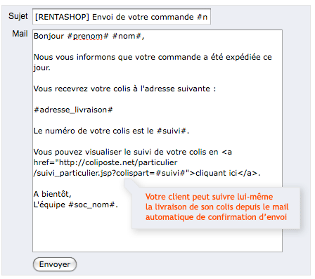 Contenu du mail automatique avec lien de suivi