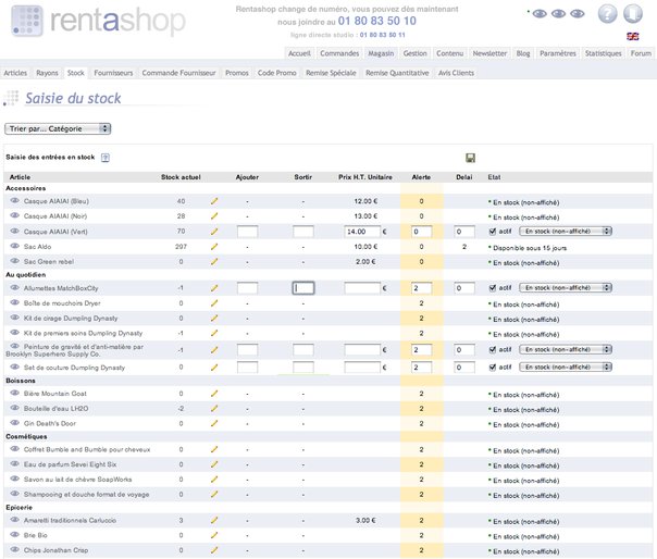 interface de saisie du stock